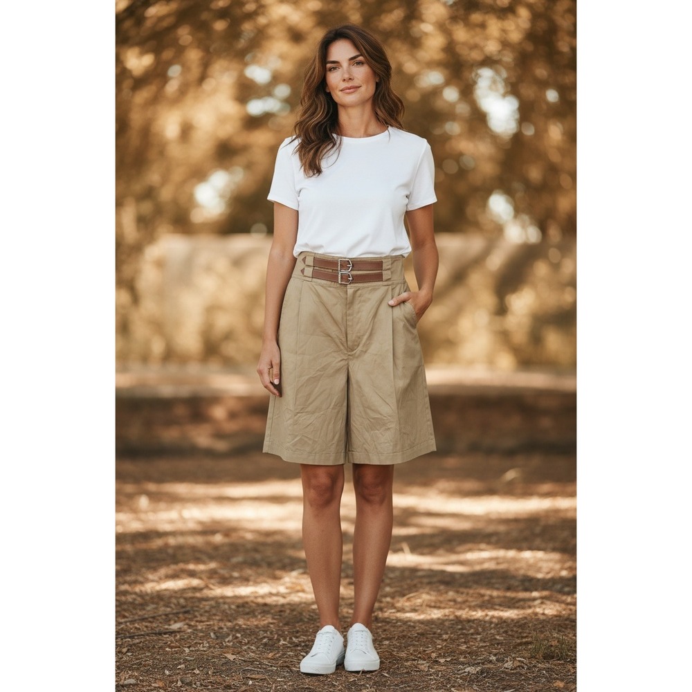 Lauren Ralph Lauren NWT Pleated Shorts SZ8 Tan Double Buckle‎ High Waist Twill